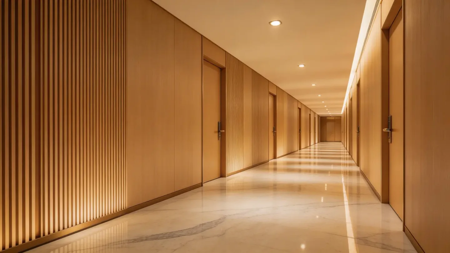 Hotel corridor with fluted wall panel feature zones