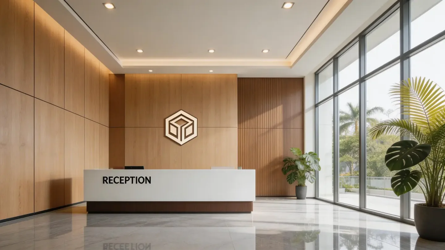 Office lobby with decorative wall panel feature wall