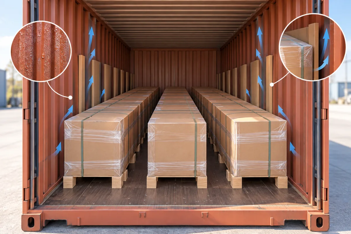 Export cartons and panel packaging prepared for container shipment