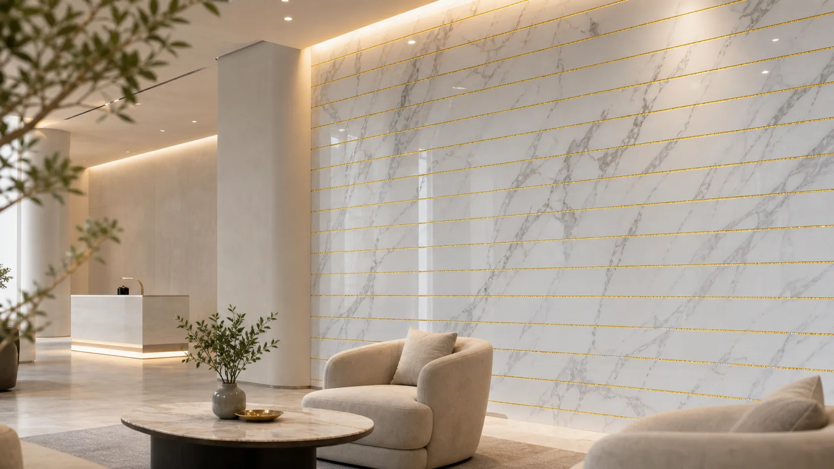 Illustrative white marble-look wall finish with fine straight gold groove detail