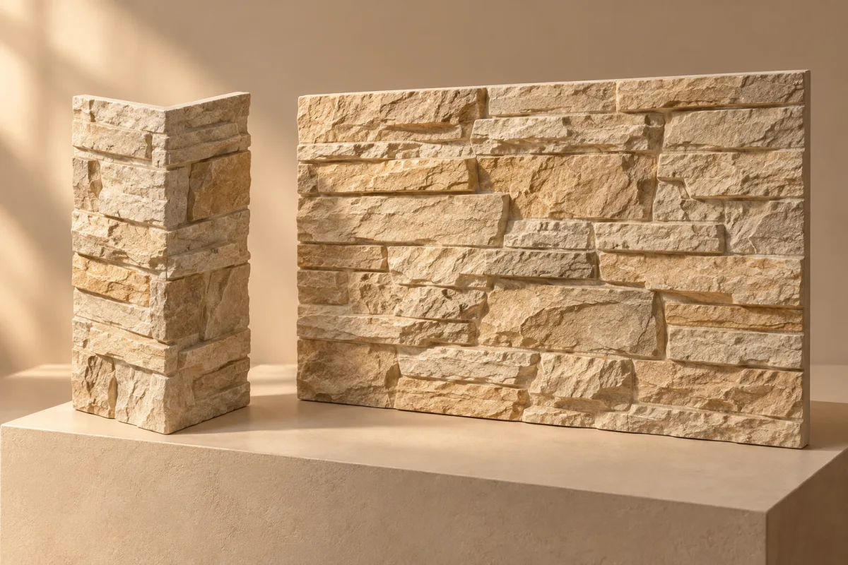 PU stone panel outside corners: molded pieces or a mitred detail?