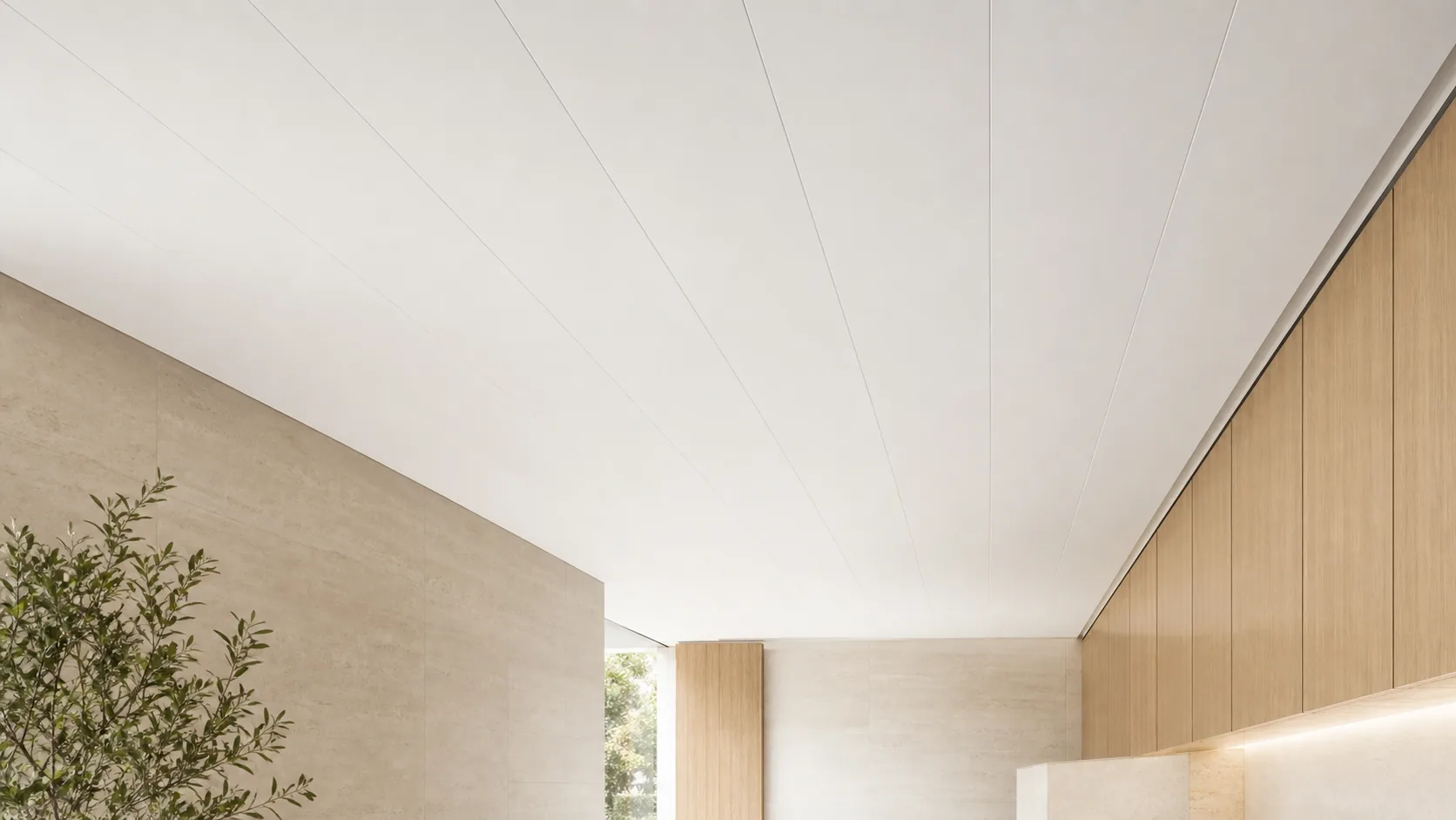 Illustrative white PVC ceiling panel surface with straight standard seams in a warm interior