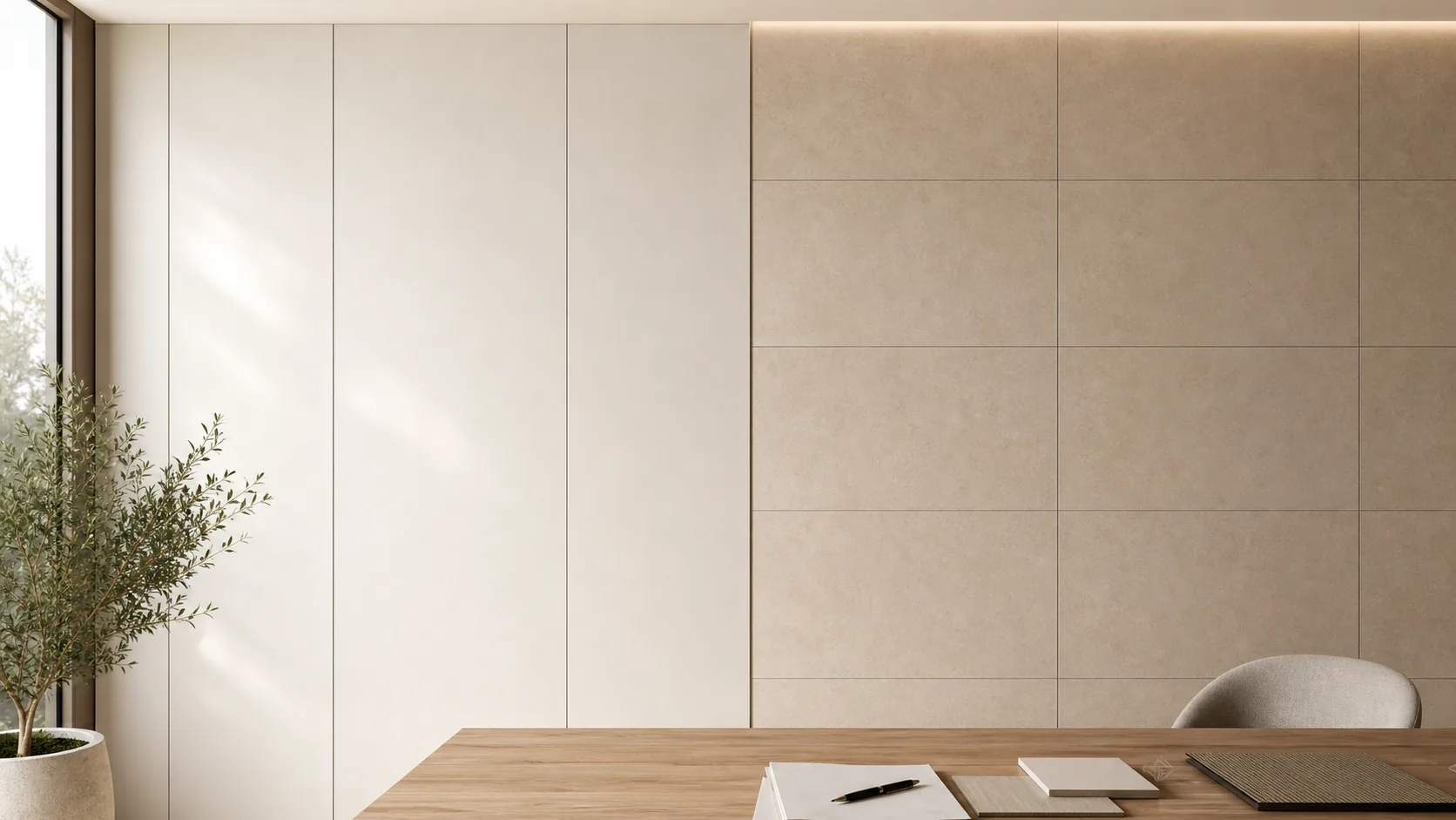 Illustrative comparison of a smooth straight-seamed wall finish and a regular ceramic tile finish