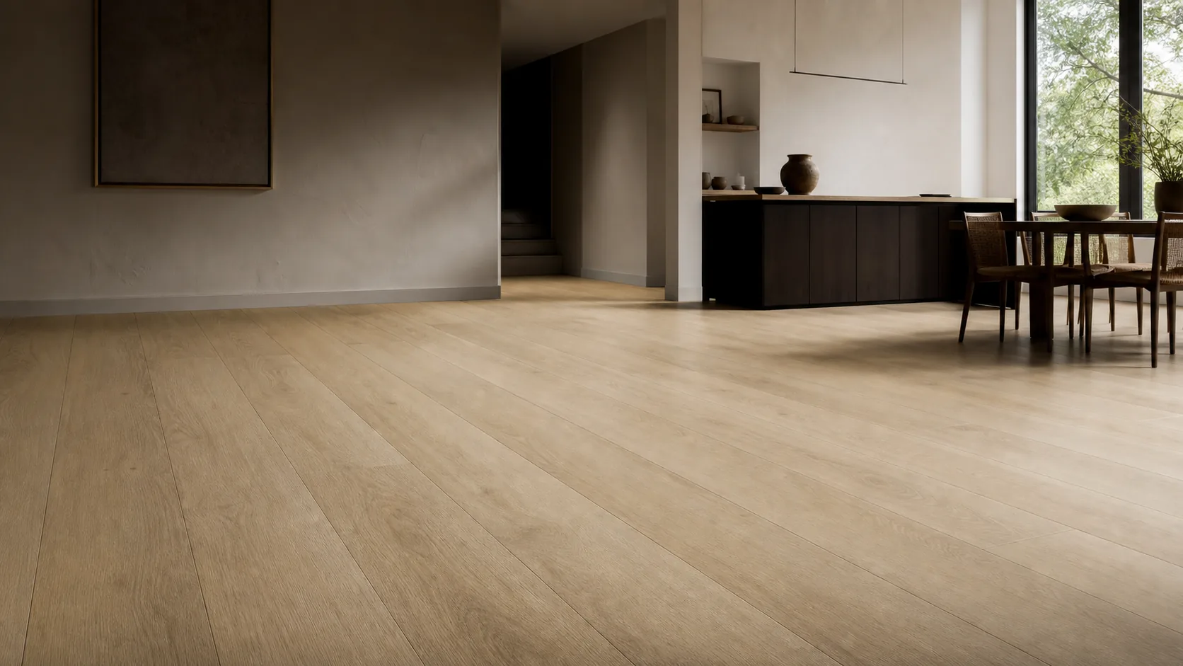 Illustrative interior with a pale oak-look plank floor shown as a finished surface
